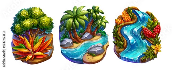 Fototapeta Vibrant Cartoon 3D Landscape Icons with Tropical Plants and a River
