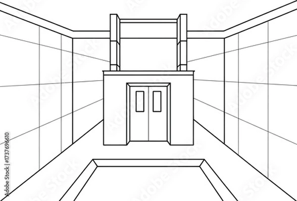 Fototapeta Modern Architectural Perspective Line Drawing of Building Interior with Elevator