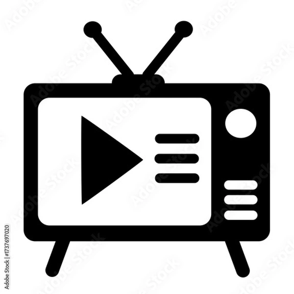 Fototapeta Vintage TV set with play button and text lines. Flat vector icon for retro media and entertainment.