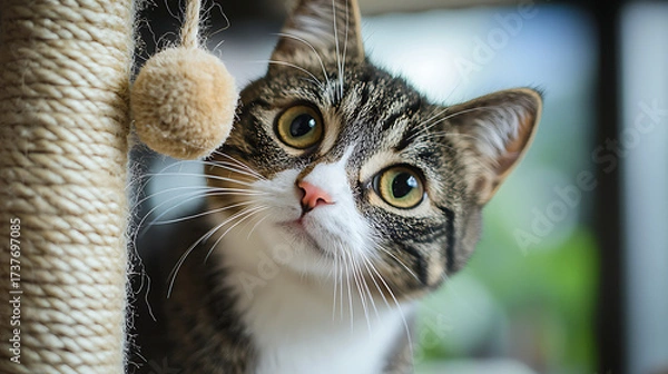 Fototapeta A cat is staring at the camera with its eyes wide open