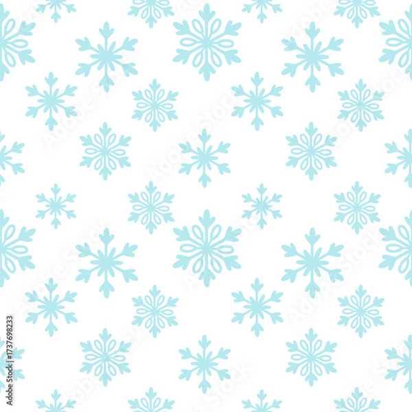 Fototapeta Blue snowflakes seamless pattern with varied sizes on white