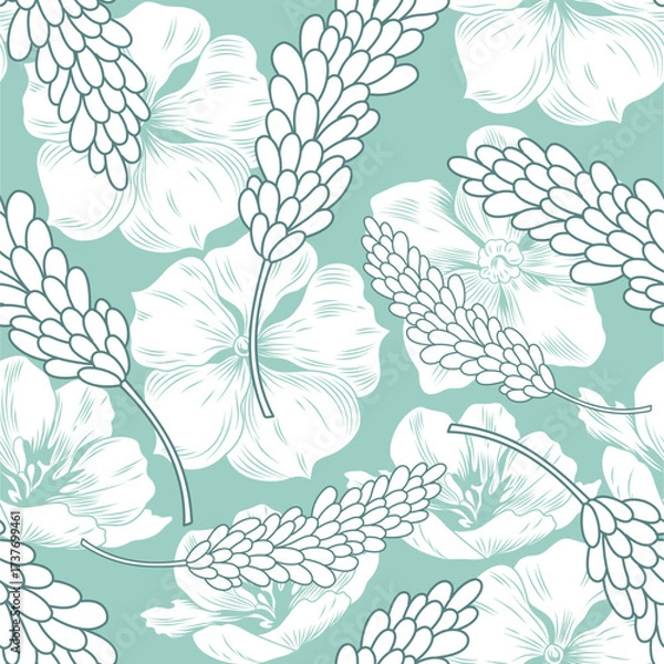 Fototapeta Modern minimalist seamless pattern with white line art flowers and leaves on a soft mint green and blue background. 