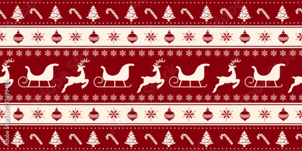 Fototapeta Traditional festive seamless pattern with Santa's sleigh, reindeer, Christmas trees, snowflakes, and ornaments on a red background.