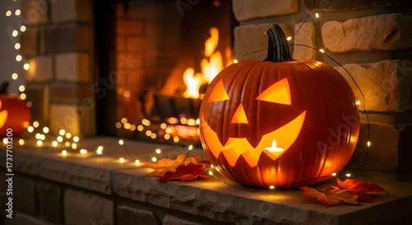 Fototapeta A cheerful smiling Jack O Lantern on halloween placed on a fireplace with fairy lights
