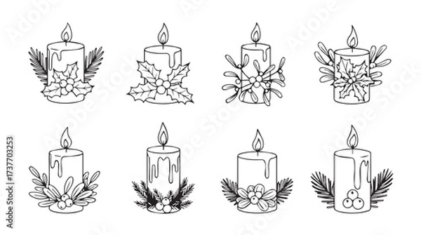 Obraz Set of eight hand drawn christmas candles with pine branches festive holiday sketch elements vector