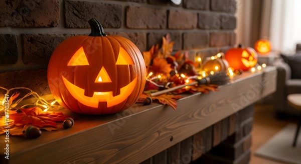 Fototapeta A cheerful smiling Jack O Lantern on halloween placed on a fireplace with fairy lights