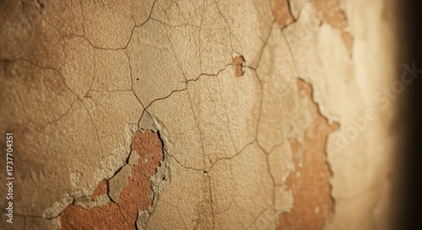 Fototapeta Close-Up of a Cracked and Peeling Wall with Textural Details and Warm Lighting
