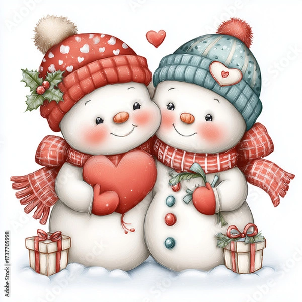 Fototapeta Cute Snowman Couple Hugging with Heart and Gifts in Winter Scene
