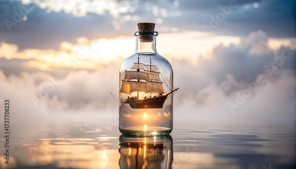 Obraz Ship in a Bottle at Sunset with Beautiful Sky Reflection