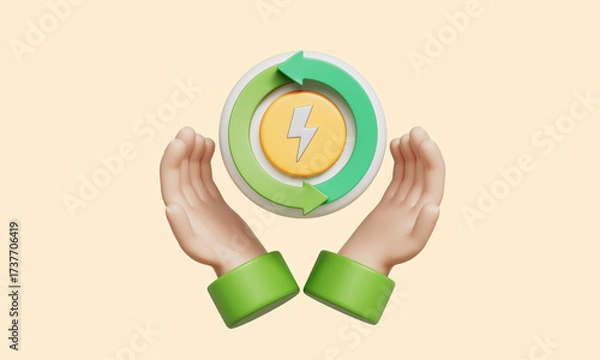 Obraz 재생 에너지 사이클 아이콘과 손 Renewable Energy Cycle Icon with Hand