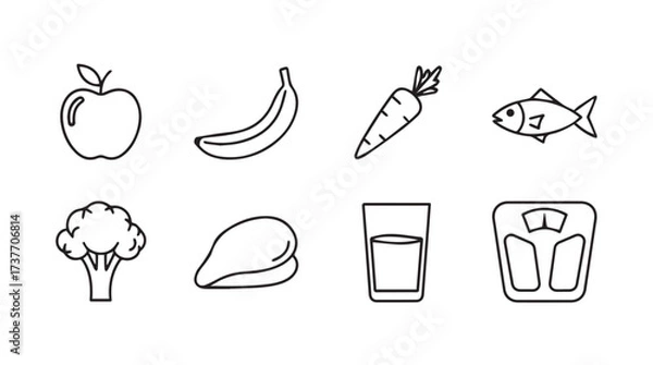 Fototapeta Healthy eating icons collection apple banana carrot fish broccoli chicken water scale simple doodle style vector