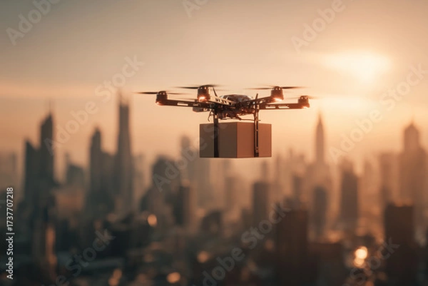Fototapeta Delivery Drone Flying Over Modern City at Sunset with Package
