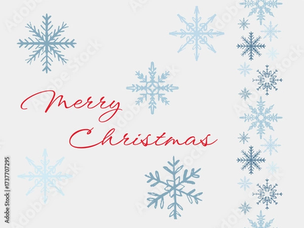 Fototapeta Hand drawn merry Christmas greeting card with blue snowflakes. Vector sketch illustration in vintage crayon style. Winter web design, print, party invitation
