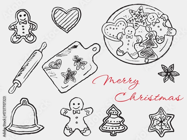 Fototapeta Hand drawn gingerbread cookies. Rolling pin, plate with cookies in the shape of man, christmas tree, star, heart, bell. Vector sketch illustration in vintage crayon charcoal style. Bakery, cooking