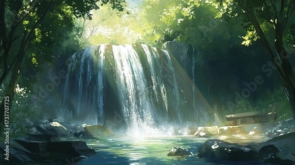Fototapeta Lush waterfall cascading into a tranquil pool, surrounded by dense forest