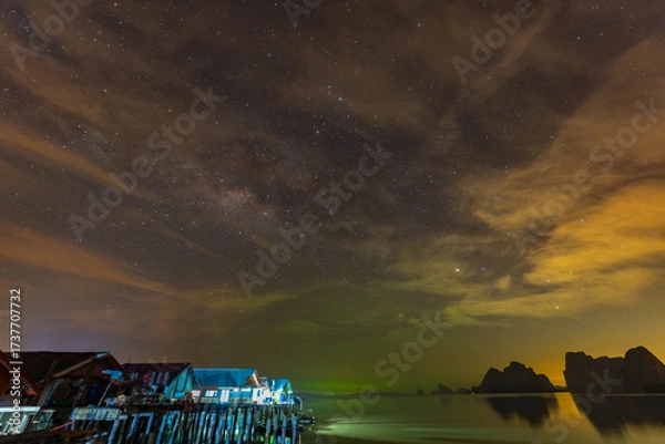 Fototapeta Timelapse day to night of Landscape Viewpoint Phang Nga Bay highlight of Phang nga ,Thailand, Time lapse Milky Way above the island. sky scape with stars in galaxy.Milky Way rising above the islands