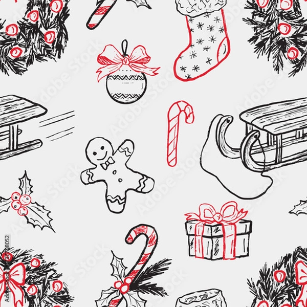 Fototapeta Hand drawn winter Christmas seamless pattern with sled, gingerbread cookie, christmas tree wreath, gift box, stiped candy cane, stocking. Vector sketch illustration in vintage crayon charcoal style