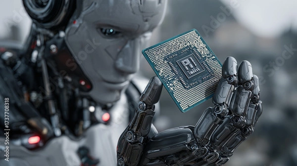 Fototapeta Futuristic Robot Carefully Holding Microchip with Advanced AI Processor
