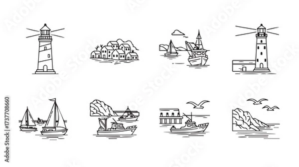 Fototapeta Collection of eight nautical themed sketch style drawings for coastal and maritime projects vector
