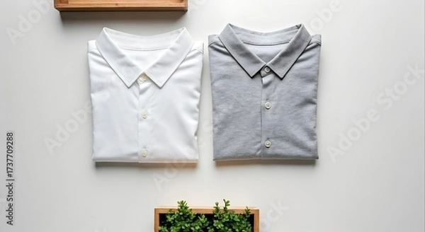Fototapeta Elegant Shirts: Two folded shirts, a pristine white and a classic gray, rest on a clean surface, creating a minimalist design, evoking a sense of understated elegance.
