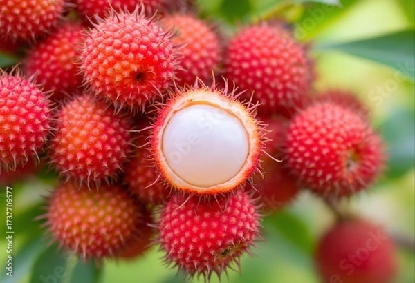 Fototapeta Fresh Red Bayberry: a detailed photograph presents an inviting display of ripe bayberries, their vibrant red exteriors studded with tiny bumps. one bayberry has been carefully sliced.
