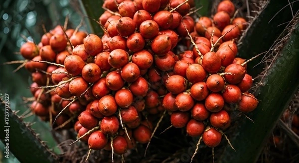 Fototapeta Palm Fruit Cluster: A vibrant cluster of ripe palm fruit, bursting with natural color and freshness, hangs gracefully from the palm tree, showcasing the beauty of nature's bounty.