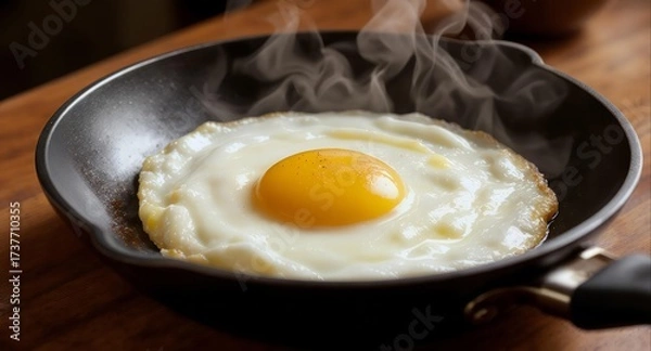 Fototapeta Sunny-Side Up: A close-up shot of a perfectly cooked, sunny-side-up egg in a frying pan, showcasing its golden yolk and inviting aroma, representing a simple breakfast delight.