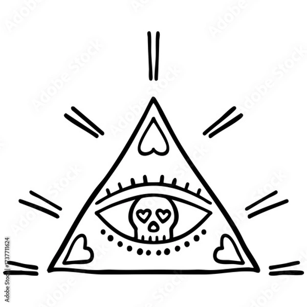 Fototapeta halloween festival.triangle with an eye and skull, symbolizing mystery. retro trendy groovy halloween illustration in doodle line style