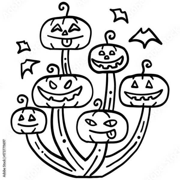 Fototapeta halloween festival. Cheerful pumpkins with playful faces and bats around them. retro trendy groovy halloween illustration in doodle line style