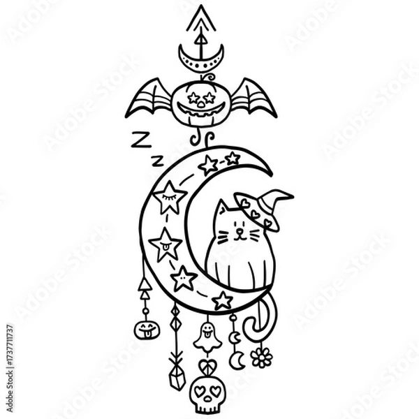 Fototapeta halloween festival. Whimsical cat on a crescent moon with Halloween motifs. retro trendy groovy halloween illustration in doodle line style