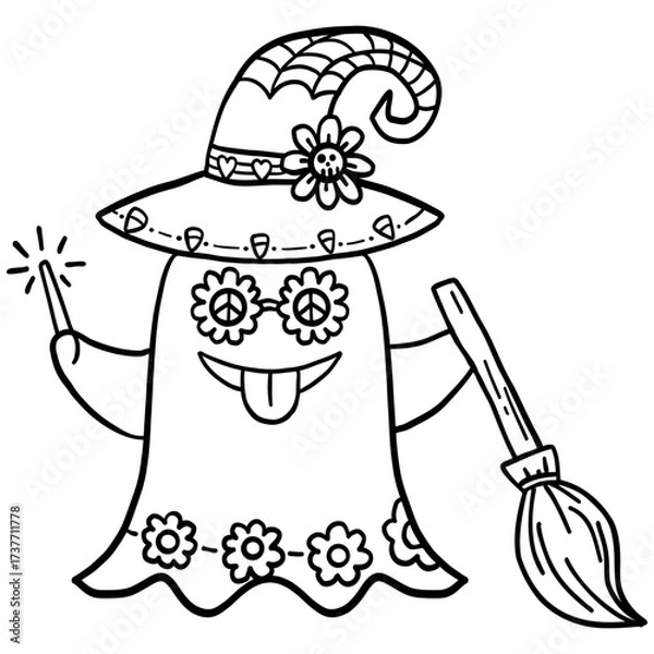 Fototapeta halloween festival. Playful ghost character wearing a witch hat and holding a broomstick. retro trendy groovy halloween illustration in doodle line style