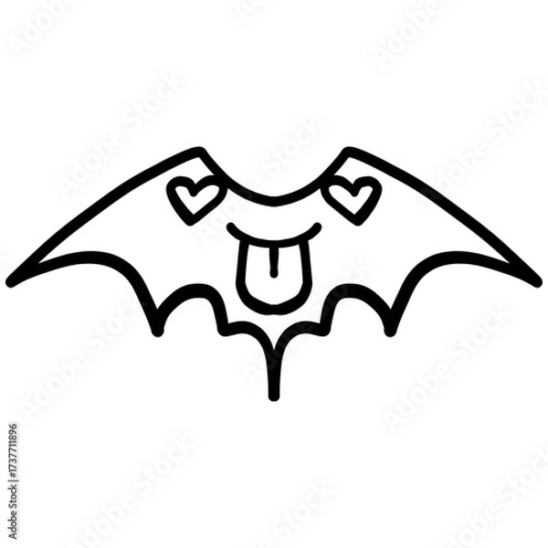 Fototapeta halloween festival. Cartoon bat with hearts and a playful expression. retro trendy groovy halloween illustration in doodle line style