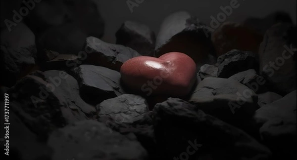 Fototapeta Heartfelt Embrace: A solitary, red heart nestled amongst a bed of charcoal-colored stones, symbolizing love, strength, and resilience in the face of life's challenges. 