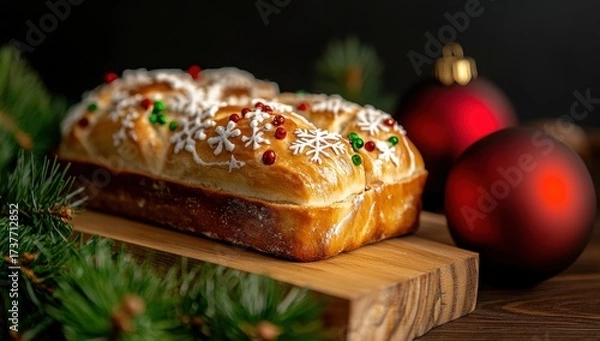 Obraz A delicious Christmas bread loaf, decorated with festive icing and sprinkles, sits on a wooden board near red ornaments and pine branches