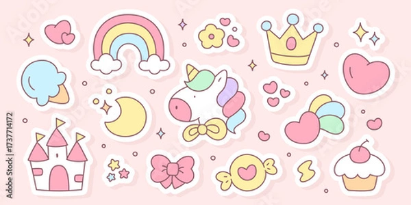 Fototapeta Kawaii sticker set. Pastel soft colors collection with unicorn, rainbow, crown, heart, cupcake, candy, castle and more magic design elements. Birthday party decorations for girls. Vector 10 EPS.