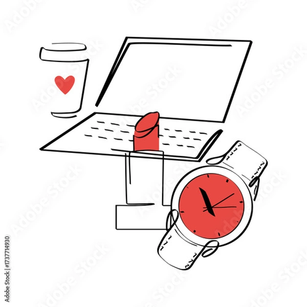 Fototapeta Single line art symbolizing the daily work routine with a laptop ready and coffee nearby for girls with watch and red lipstick on white background