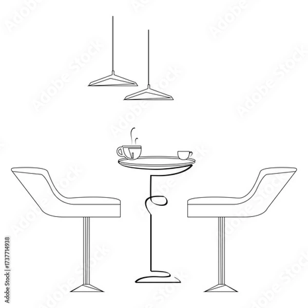 Fototapeta Table and chairs in continuous line art drawing style. Line drawing of interior of restaurant, cafe, dining room with two cups of coffee
