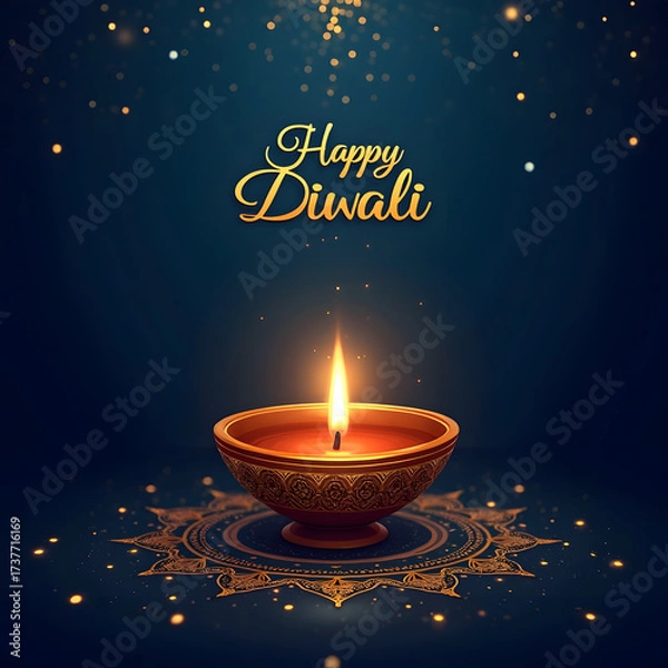 Fototapeta Golden "Happy Diwali" text over a lit diya with a blue background. This image is being uploaded to a website for use.
