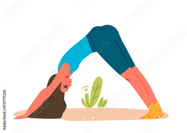 Obraz Woman doing fitness, stretching and yoga exercises outdoors. Healthy and active lifestyle. Trendy vector isolated on transparent background.