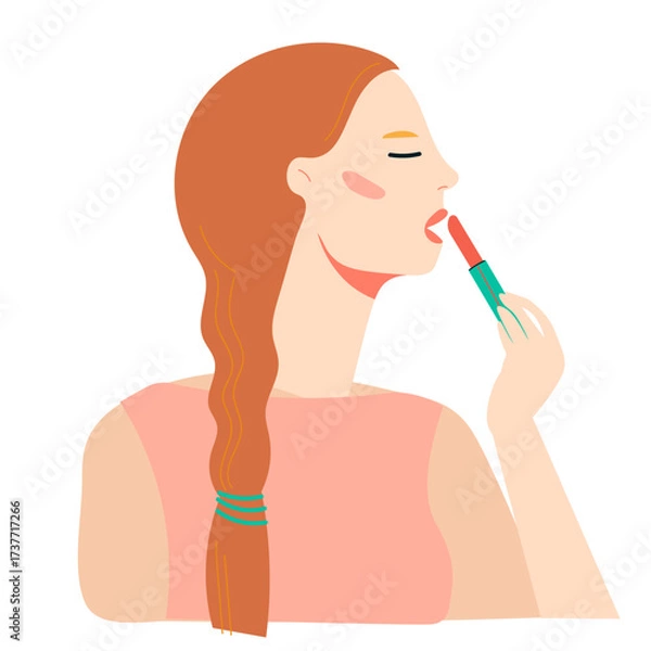 Obraz A woman applying lipstick in a contemporary illustration, showcasing elegance and chic fashion. Trendy vector isolated on transparent background.