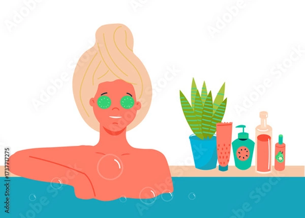 Obraz Woman relaxing in the bathtub with cucumber slices on her eyes. Relaxing Spa Day at Home or salon. Trendy vector isolated on transparent background.