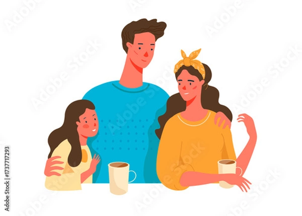 Obraz A beautiful scene of family bonding and happiness over coffee in a cozy setting together. Trendy vector isolated on transparent background.