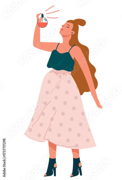 Obraz A cute woman or girl sprays perfume on herself and enjoys the scent. Trendy vector isolated on transparent background.