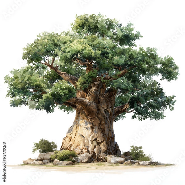 Obraz Realistic baobab tree with thick trunk isolated lush green foliage majestic nature element
