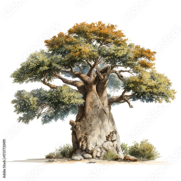 Obraz Realistic baobab tree with thick trunk isolated majestic ancient african desert flora