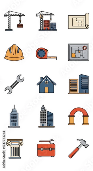 Obraz Construction Icons Set - Cranes, Blueprints, Hard Hat, Tools, Buildings, and Architectural Elements.
