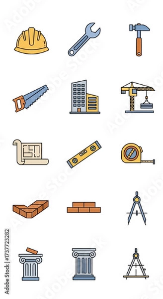 Obraz Construction Tools and Building Elements Icons Set for Design Projects.