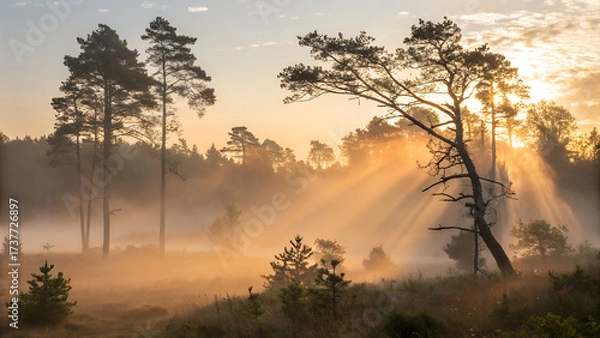 Fototapeta Mist rising from forest floor at dawn, golden sunlight filtering through trees creating mystical serene atmosphere