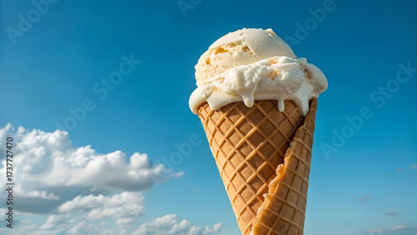 Fototapeta Ice cream cone with a creamy, light-colored scoop melting slightly, set against a clear blue sky with a few clouds