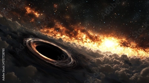 Fototapeta A captivating view reveals a black hole at the center, engulfed by swirling cosmic clouds and shimmering stars in a deep space tableau